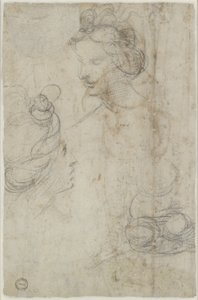 Verso: Twee vrouwelijke hoofden en een schets van een hurkende vrouw door Raffaello Sanzio Raphael